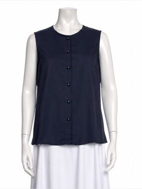 ST. JOHN Sleeveless Button-Front Navy Top Silk Spandex Stretch Work Blouse Med
